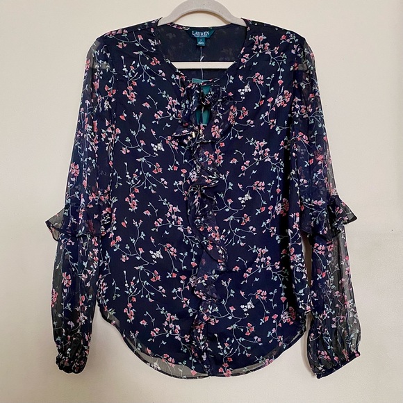 NWT Ralph Lauren SP19 Black Ruffle Floral Blouse MSRP $115 - Picture 1 of 7